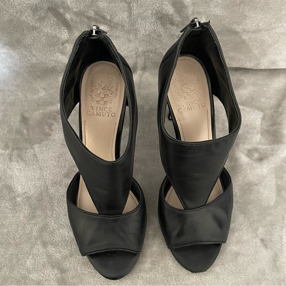 Vince Camuto Seena1 Black Nappa Open Toe Leather Bootie Heels Zip Back Sz 9 - Picture 3 of 10